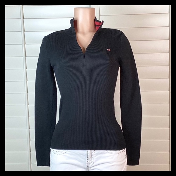 RALPH LAUREN Quarter Zip Ribbed Knit Sweater Black & Red - Picture 2 of 9